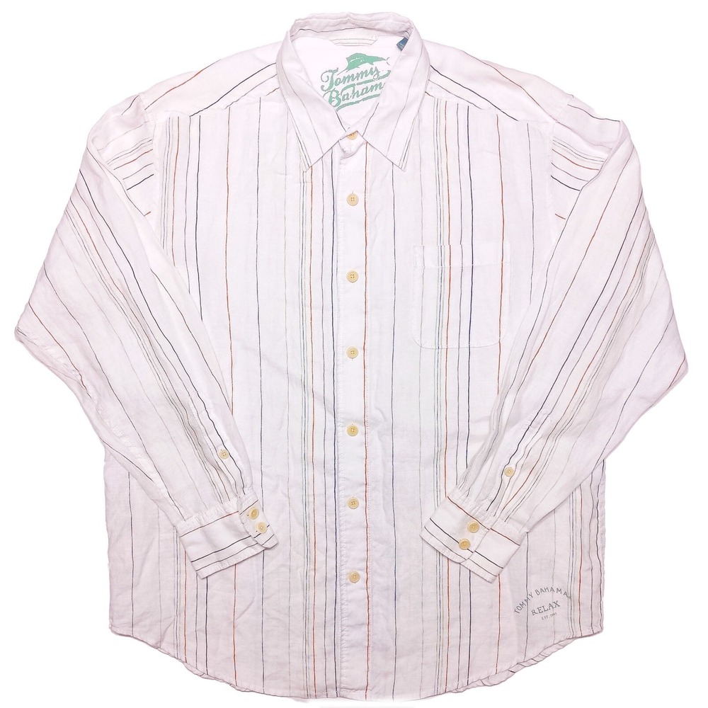TOMMY BAHAMA Long Sleeve Button Shirt 100% LINEN‎ White Blue Red Striped Large L